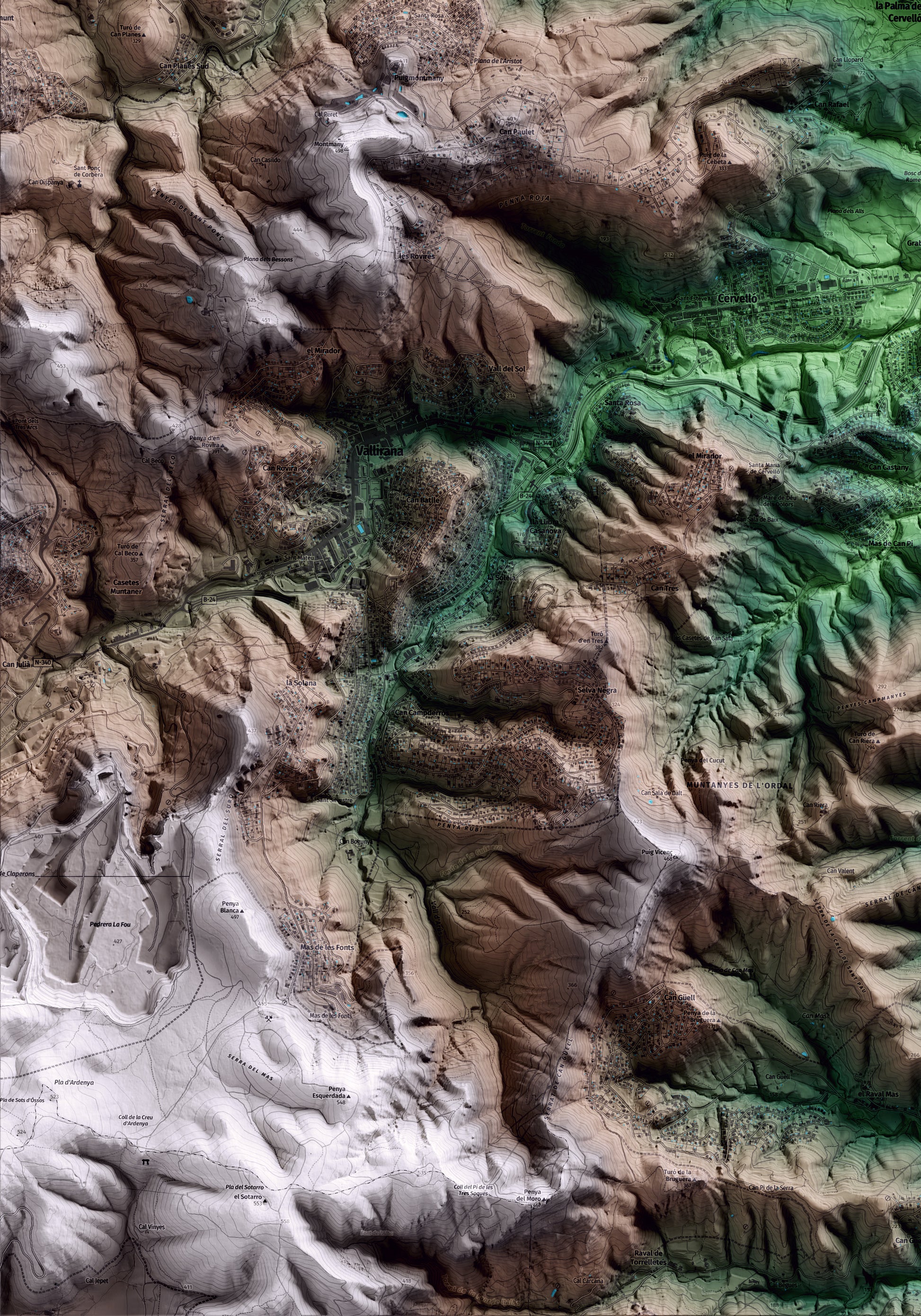 Mapa artístico del relieve de la Palma de Cervelló, al Baix Llobregat, con 15 km de entorno y base topográfica ICGC. Detalle de la zona inferior izquierda.