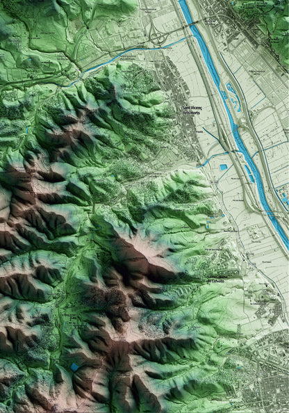 Mapa artístico del relieve de la Palma de Cervelló, al Baix Llobregat, con 15 km de entorno y base topográfica ICGC. Detalle de la zona inferior derecha.