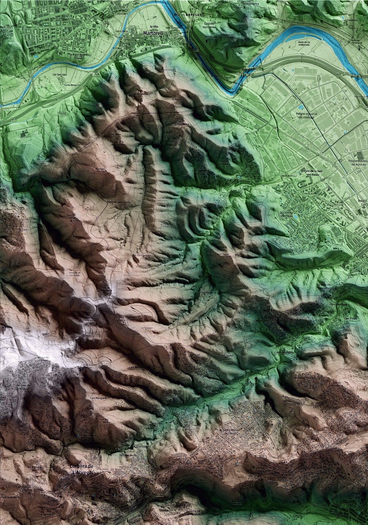 Mapa artístico del relieve de la Palma de Cervelló, al Baix Llobregat, con 15 km de entorno y base topográfica ICGC. Detalle de la zona superior izquierda.