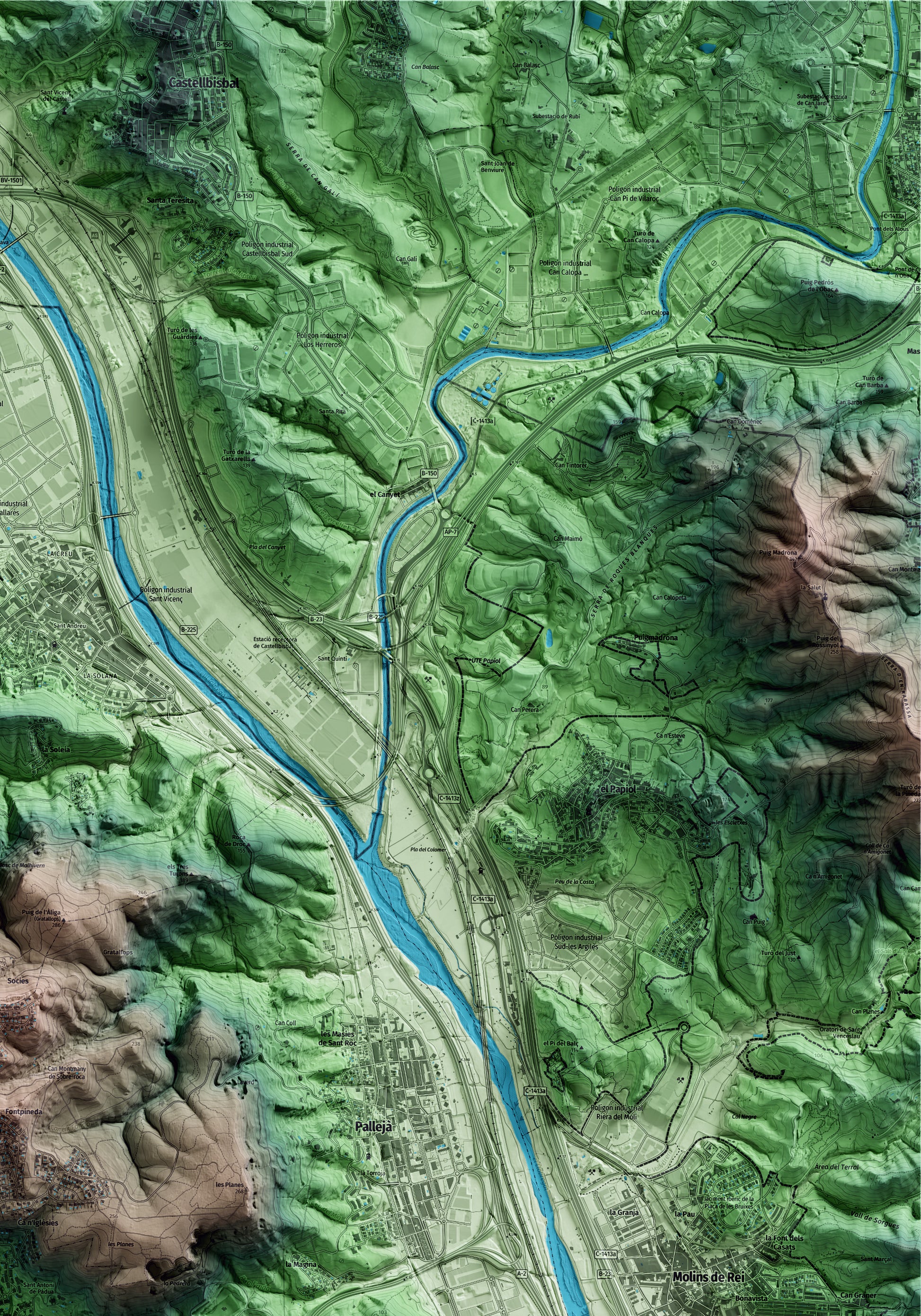 Mapa artístico del relieve de la Palma de Cervelló, al Baix Llobregat, con 15 km de entorno y base topográfica ICGC. Detalle de la zona superior derecha.