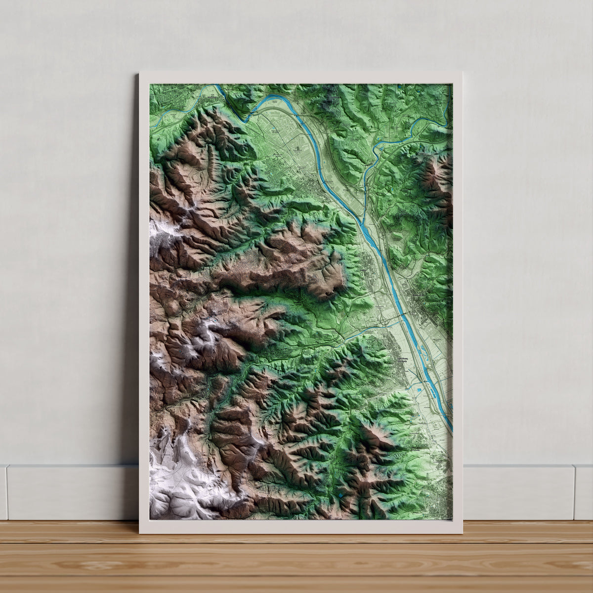 Mapa artístico del relieve de la Palma de Cervelló, al Baix Llobregat, con 15 km de entorno y base topográfica ICGC. Presentación enmarcada.