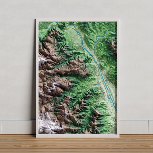 Mapa artístico del relieve de la Palma de Cervelló, al Baix Llobregat, con 15 km de entorno y base topográfica ICGC. Presentación enmarcada.