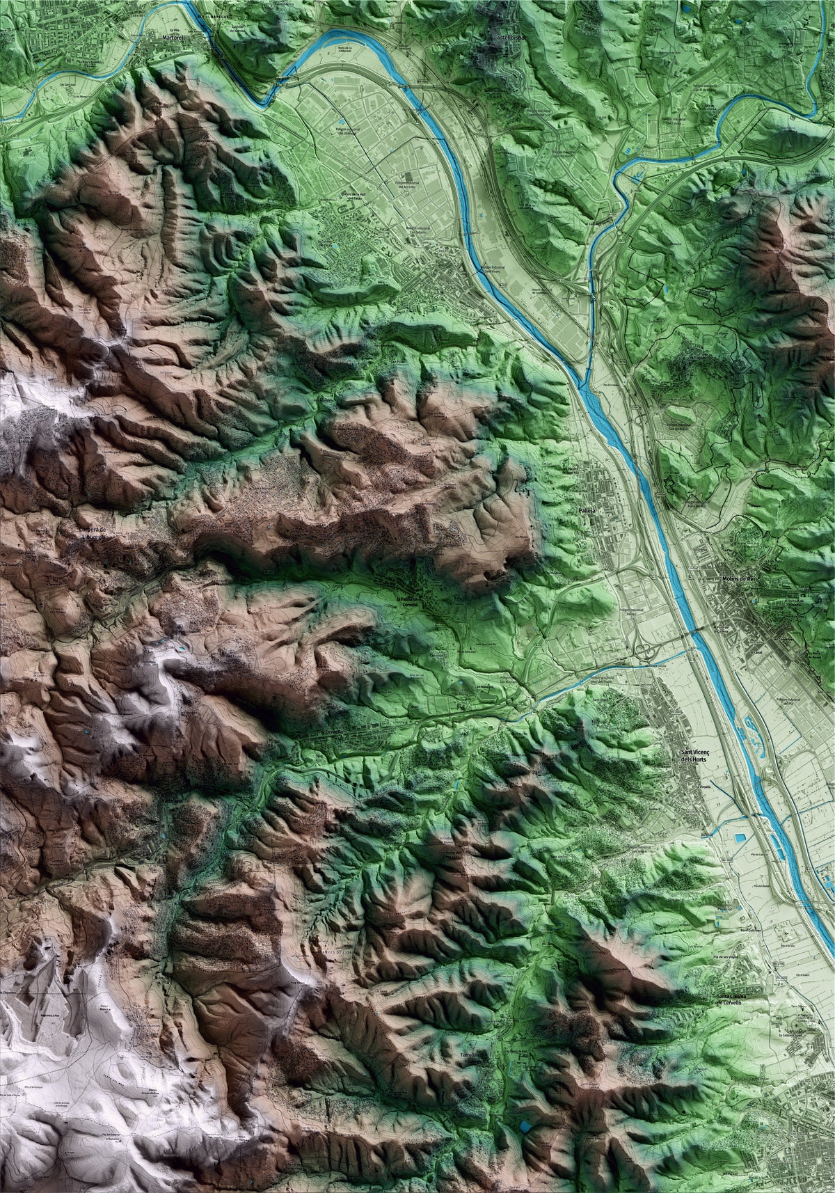 Mapa artístico del relieve de la Palma de Cervelló, al Baix Llobregat, con 15 km de entorno y base topográfica ICGC
