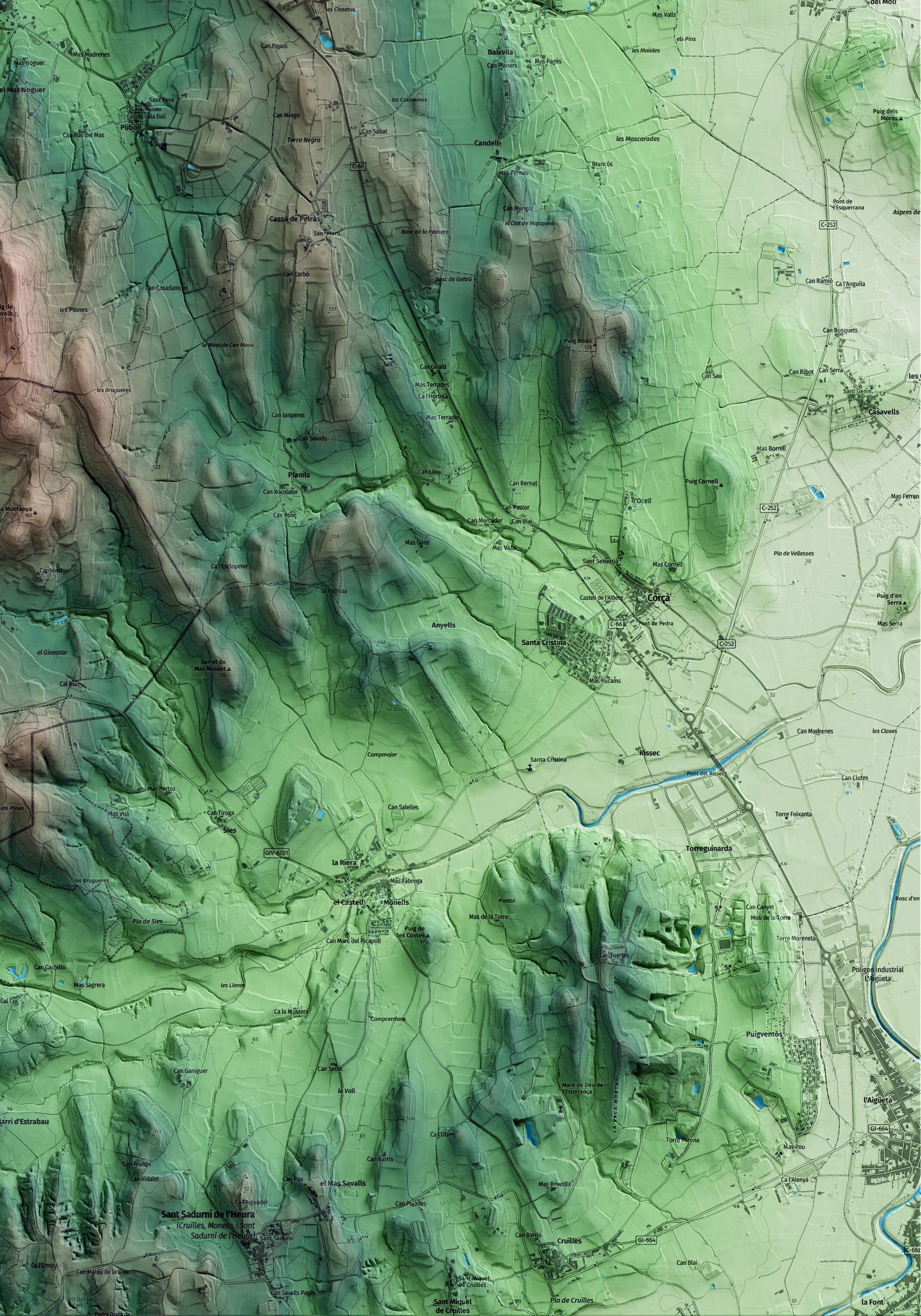 Mapa artístico del relieve de la Pera, al Baix Empordà, con 15 km de entorno y base topográfica ICGC. Detalle de la zona inferior derecha.