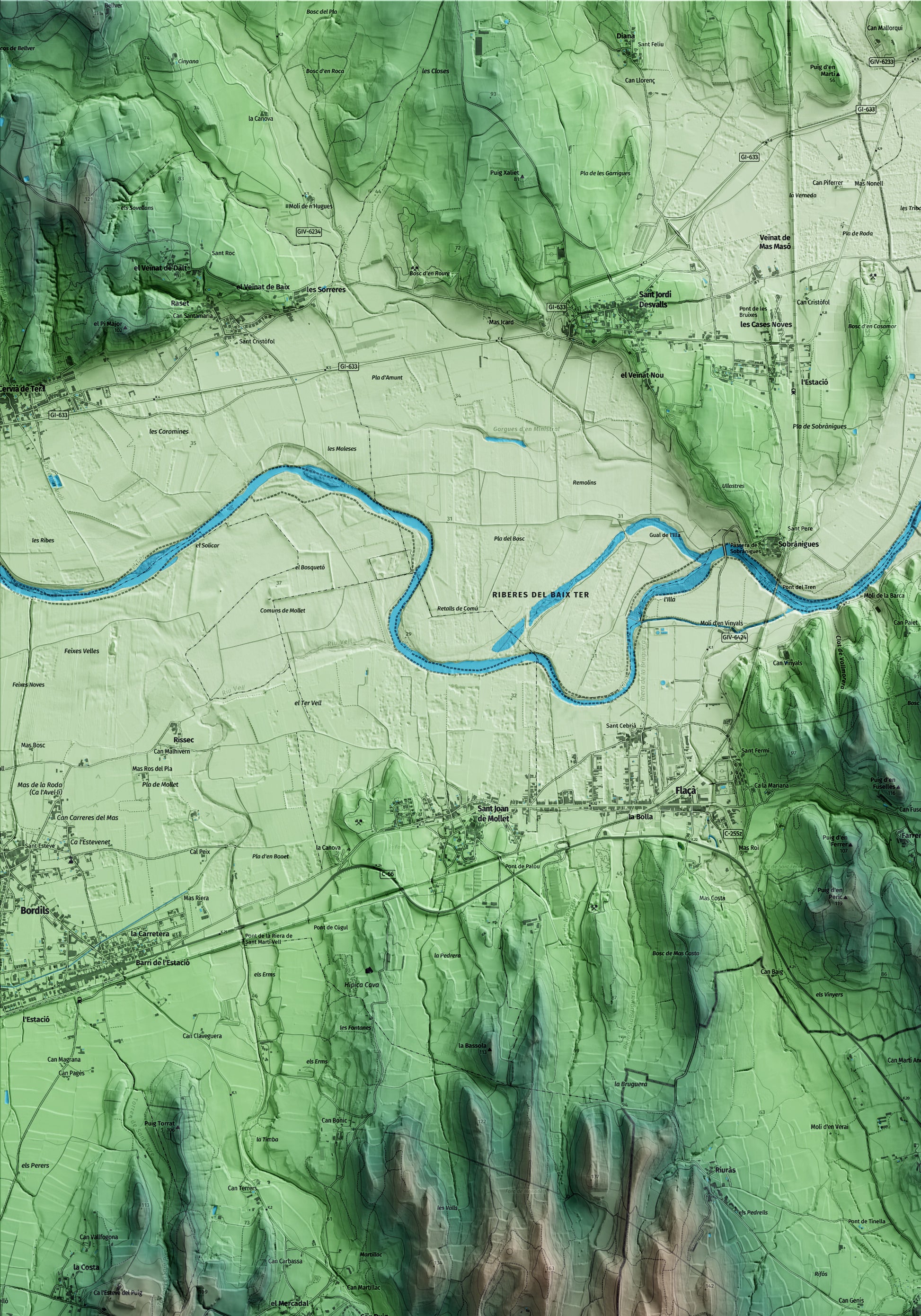 Mapa artístico del relieve de la Pera, al Baix Empordà, con 15 km de entorno y base topográfica ICGC. Detalle de la zona superior izquierda.