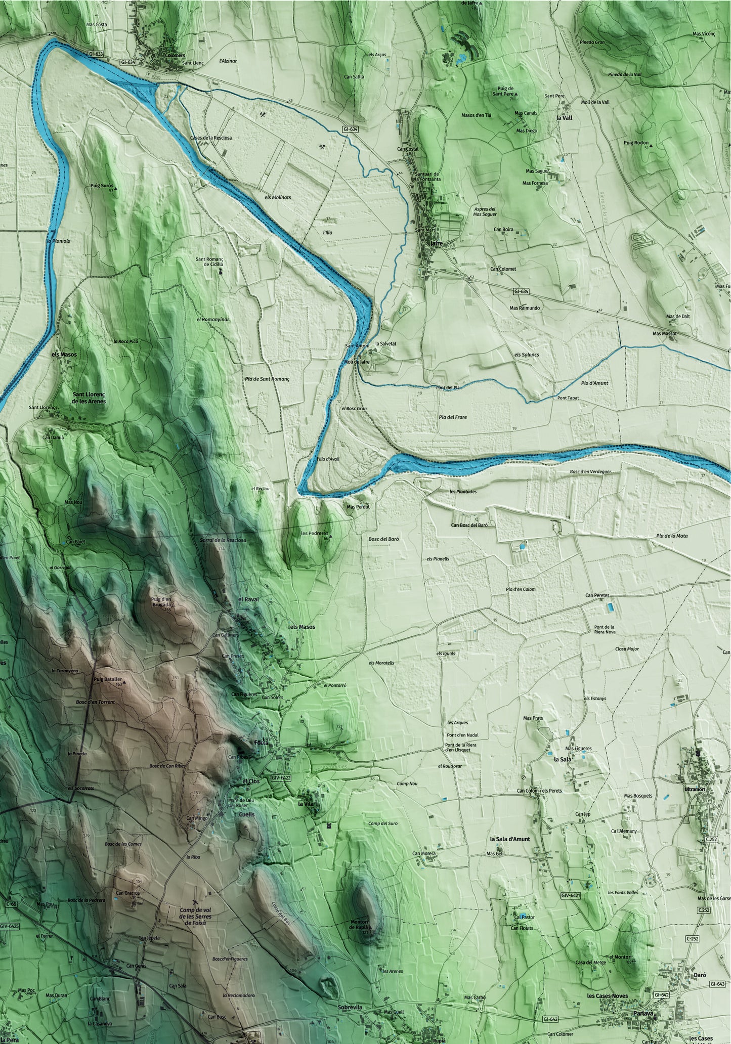 Mapa artístico del relieve de la Pera, al Baix Empordà, con 15 km de entorno y base topográfica ICGC. Detalle de la zona superior derecha.