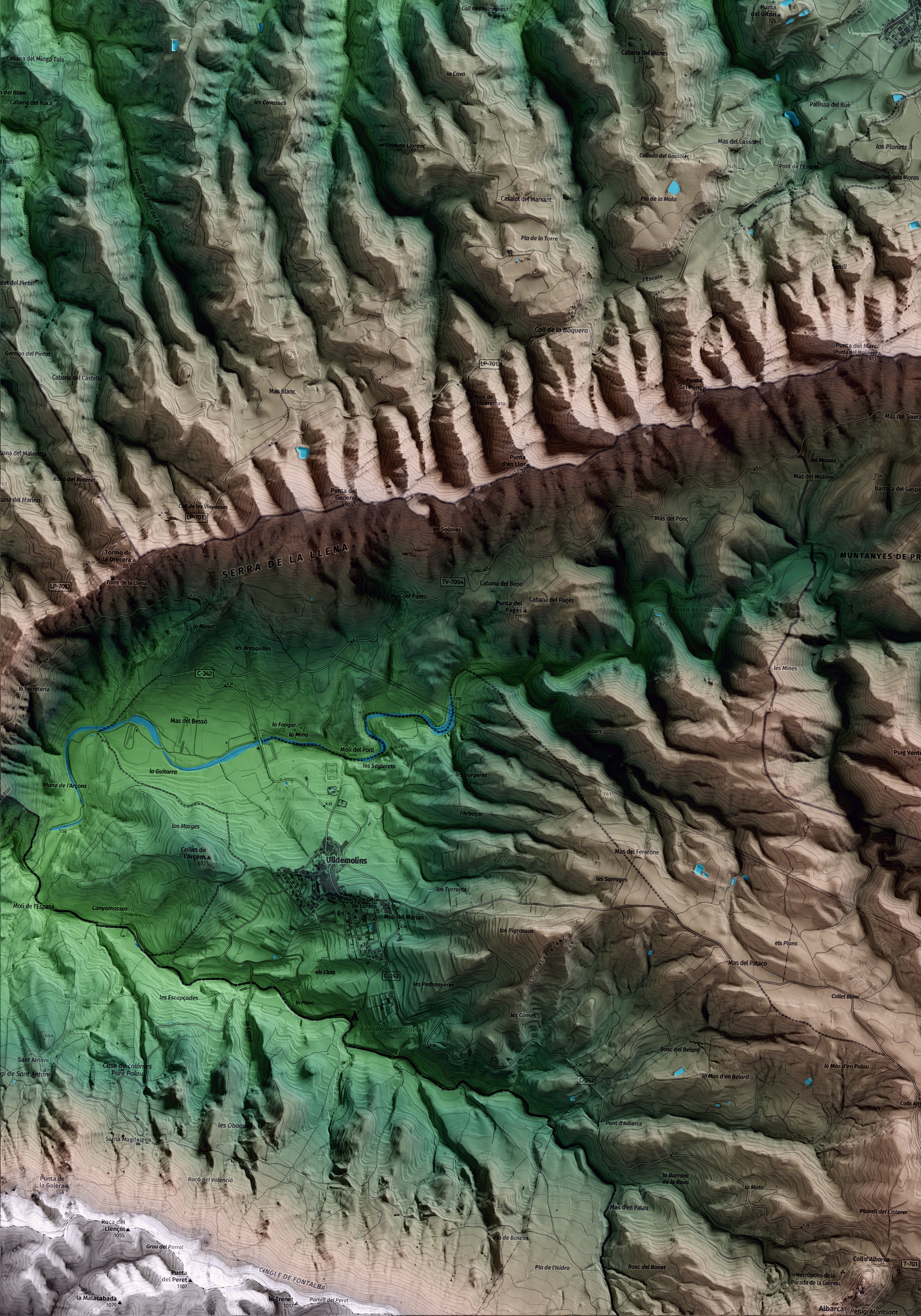 Mapa artístico del relieve de la Pobla de Cérvoles, a las Garrigues, con 15 km de entorno y base topográfica ICGC. Detalle de la zona inferior izquierda.