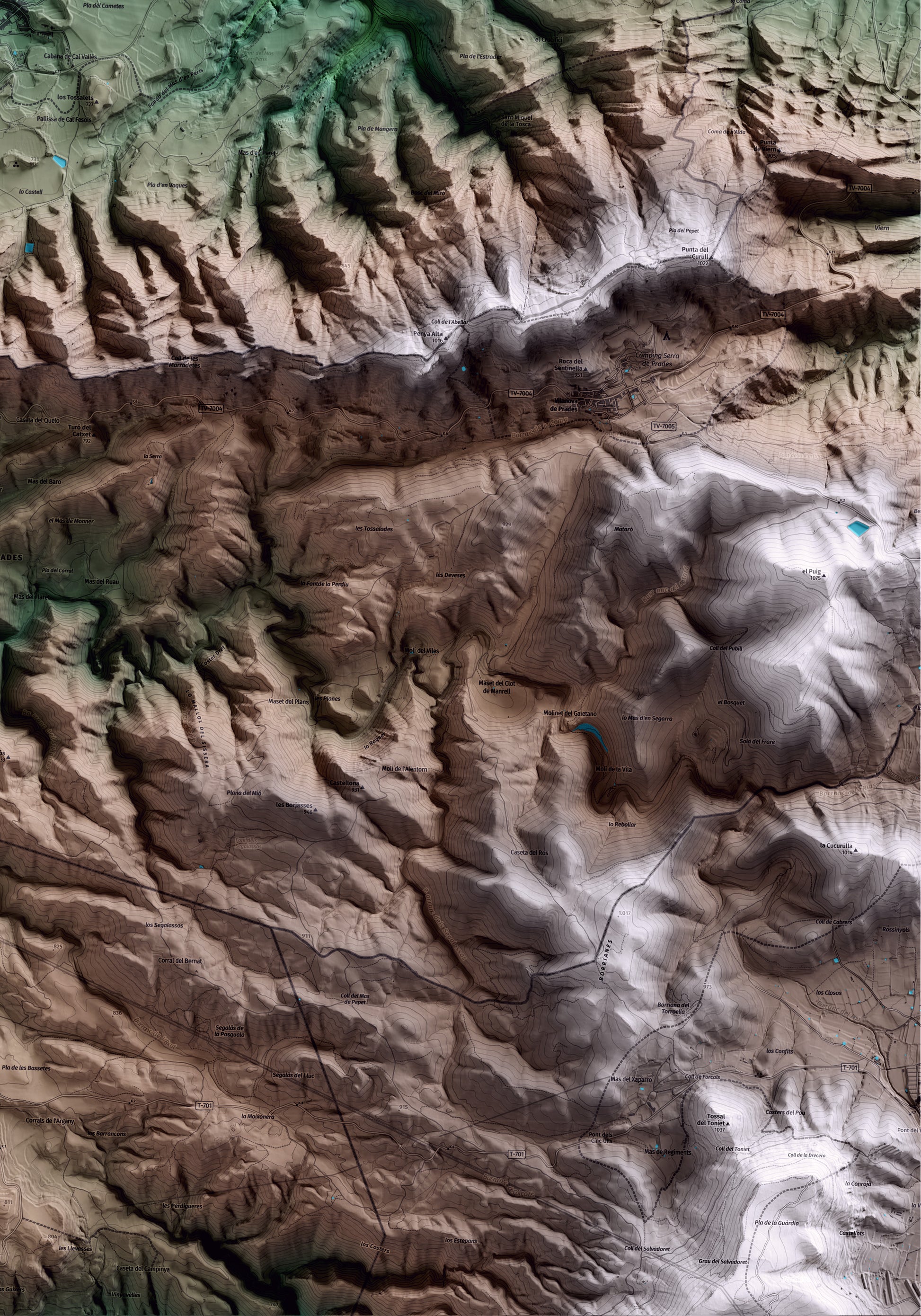 Mapa artístico del relieve de la Pobla de Cérvoles, a las Garrigues, con 15 km de entorno y base topográfica ICGC. Detalle de la zona inferior derecha.