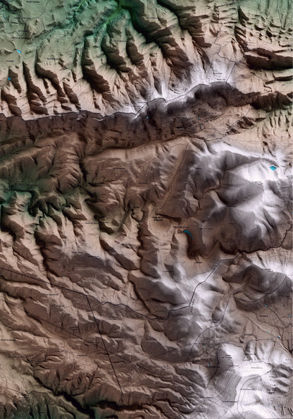 Mapa artístico del relieve de la Pobla de Cérvoles, a las Garrigues, con 15 km de entorno y base topográfica ICGC. Detalle de la zona inferior derecha.