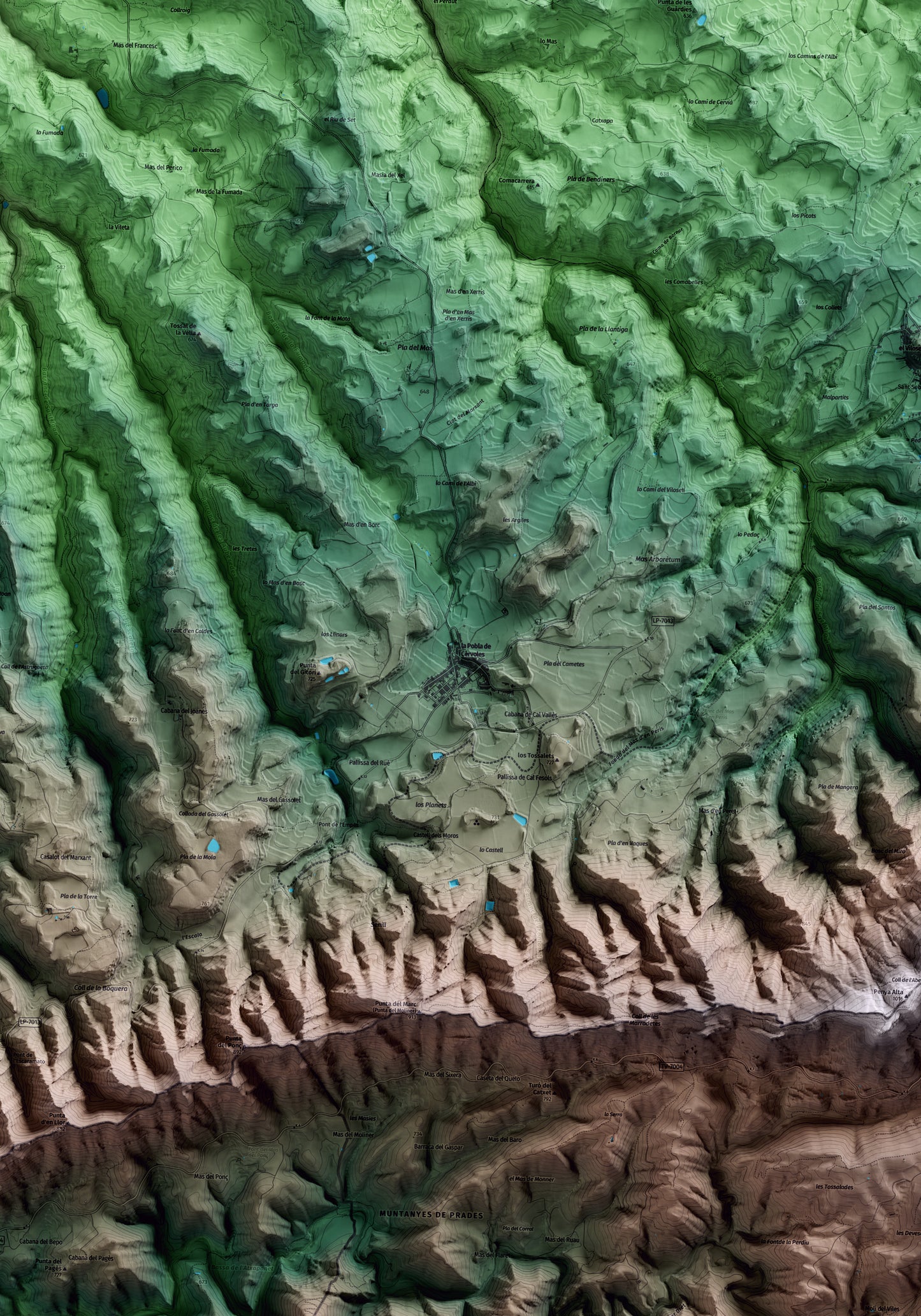 Mapa artístico del relieve de la Pobla de Cérvoles, a las Garrigues, con 15 km de entorno y base topográfica ICGC. Detalle de la zona central.
