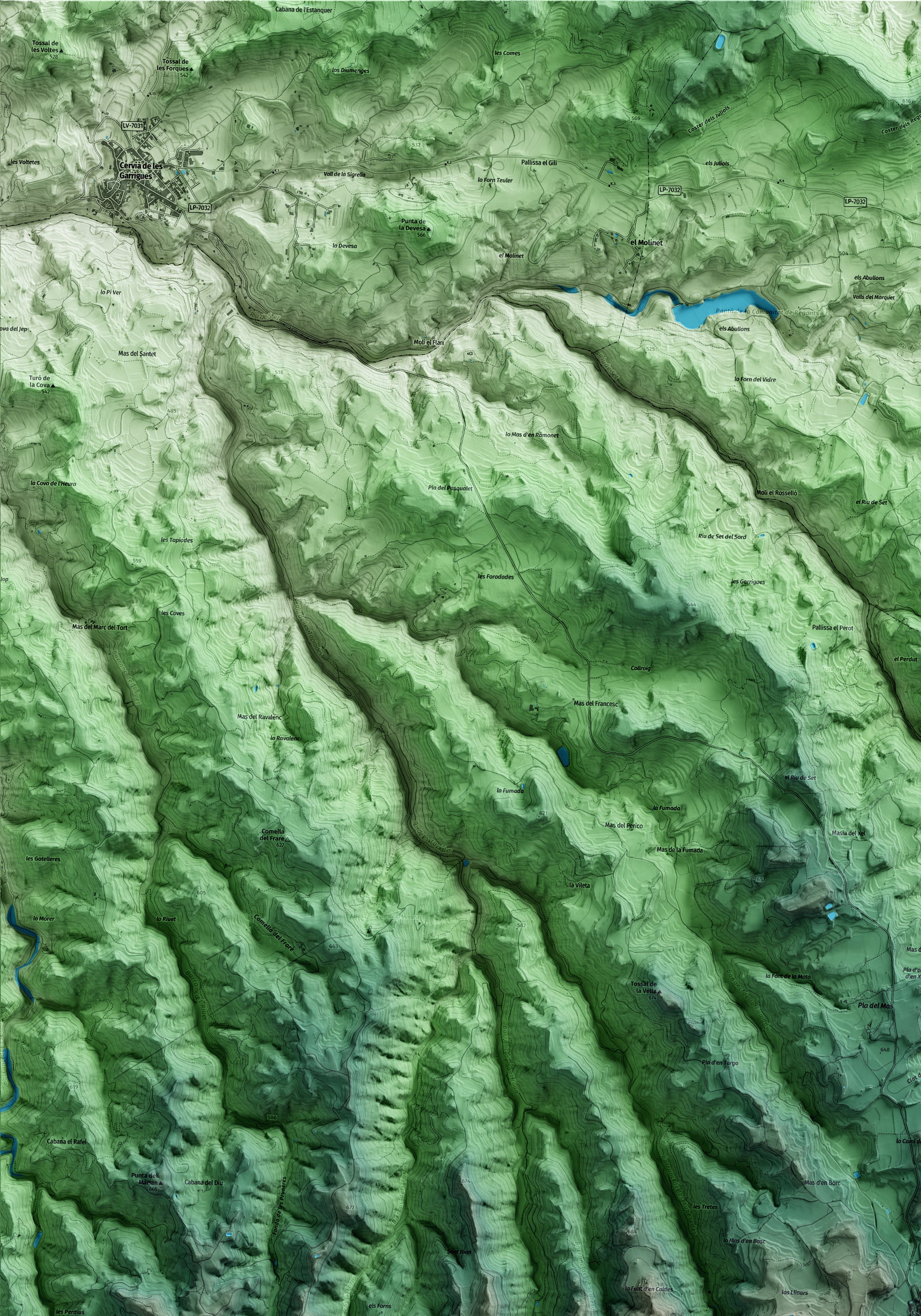 Mapa artístico del relieve de la Pobla de Cérvoles, a las Garrigues, con 15 km de entorno y base topográfica ICGC. Detalle de la zona superior izquierda.