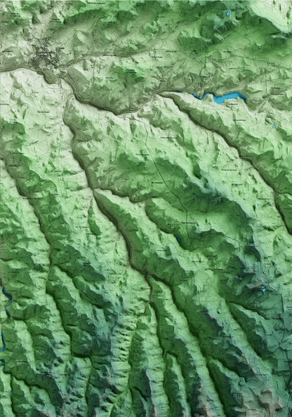 Mapa artístico del relieve de la Pobla de Cérvoles, a las Garrigues, con 15 km de entorno y base topográfica ICGC. Detalle de la zona superior izquierda.