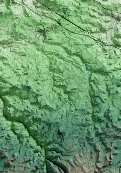 Mapa artístico del relieve de la Pobla de Cérvoles, a las Garrigues, con 15 km de entorno y base topográfica ICGC. Detalle de la zona superior derecha.