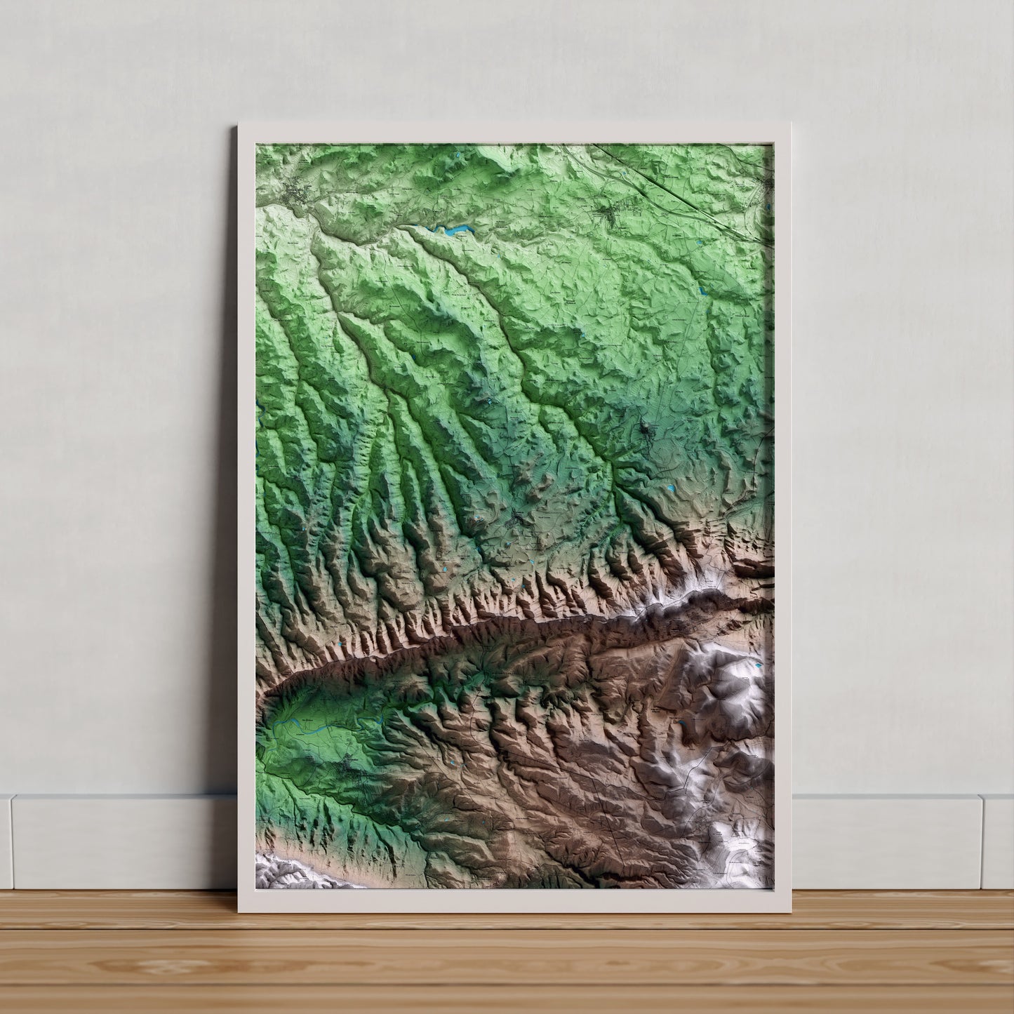 Mapa artístico del relieve de la Pobla de Cérvoles, a las Garrigues, con 15 km de entorno y base topográfica ICGC. Presentación enmarcada.