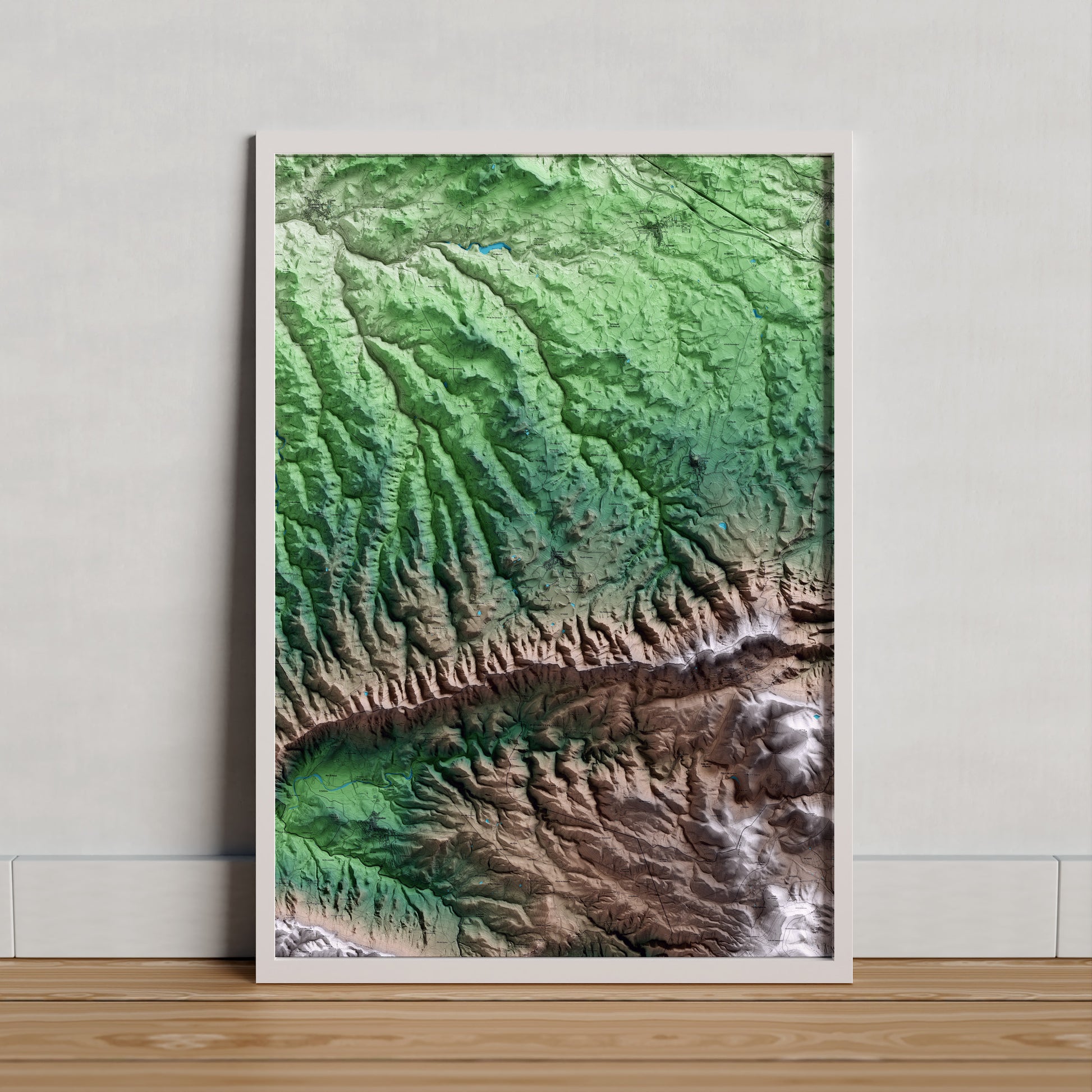 Mapa artístico del relieve de la Pobla de Cérvoles, a las Garrigues, con 15 km de entorno y base topográfica ICGC. Presentación enmarcada.