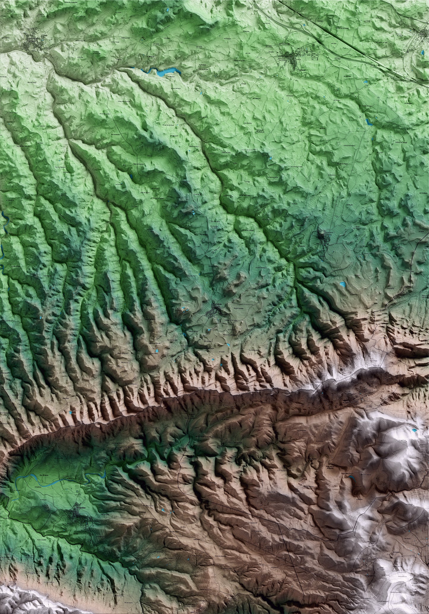 Mapa artístico del relieve de la Pobla de Cérvoles, a las Garrigues, con 15 km de entorno y base topográfica ICGC