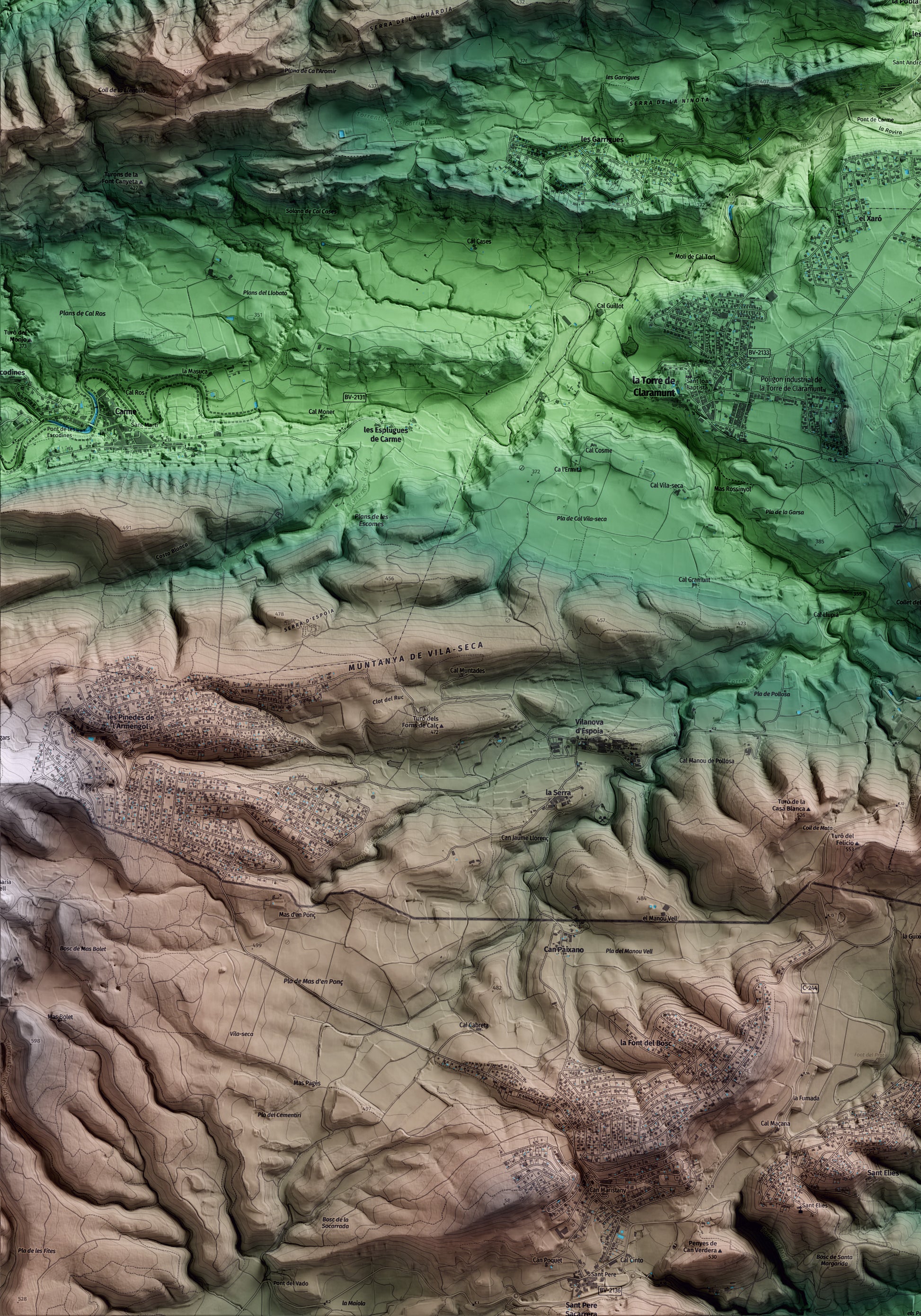 Mapa artístico del relieve de la Pobla de Claramunt, al Anoia, con 15 km de entorno y base topográfica ICGC. Detalle de la zona inferior izquierda.