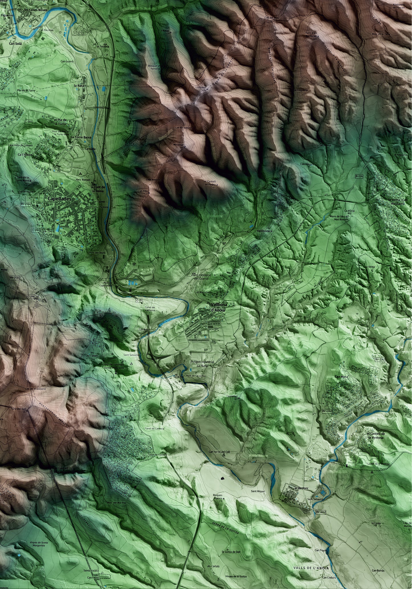 Mapa artístico del relieve de la Pobla de Claramunt, al Anoia, con 15 km de entorno y base topográfica ICGC. Detalle de la zona inferior derecha.