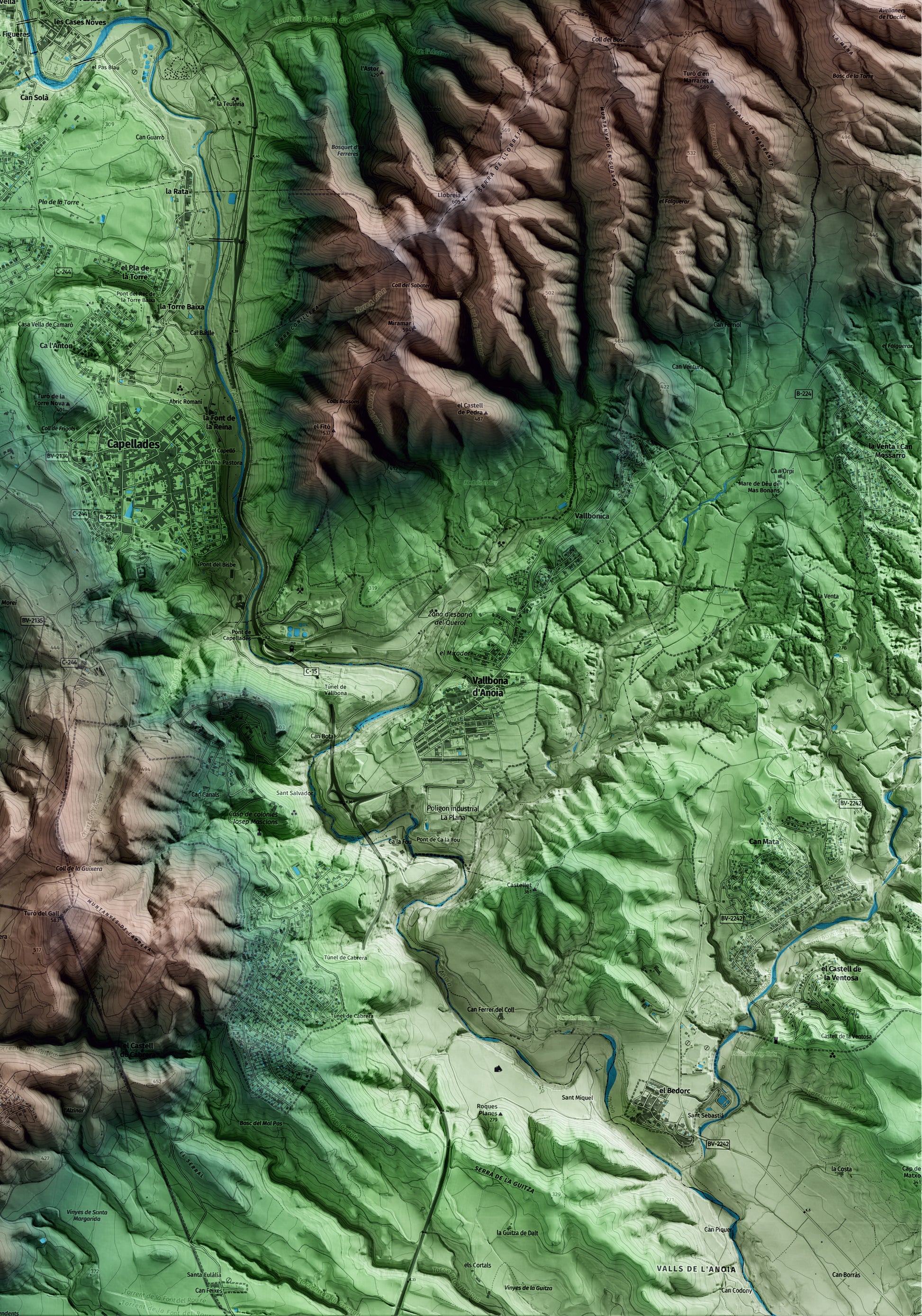 Mapa artístico del relieve de la Pobla de Claramunt, al Anoia, con 15 km de entorno y base topográfica ICGC. Detalle de la zona inferior derecha.