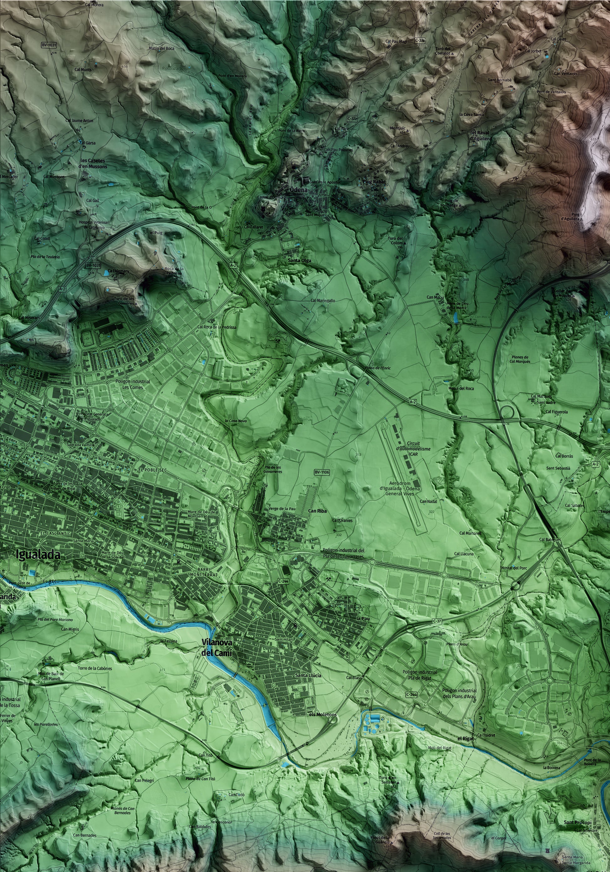 Mapa artístico del relieve de la Pobla de Claramunt, al Anoia, con 15 km de entorno y base topográfica ICGC. Detalle de la zona superior izquierda.