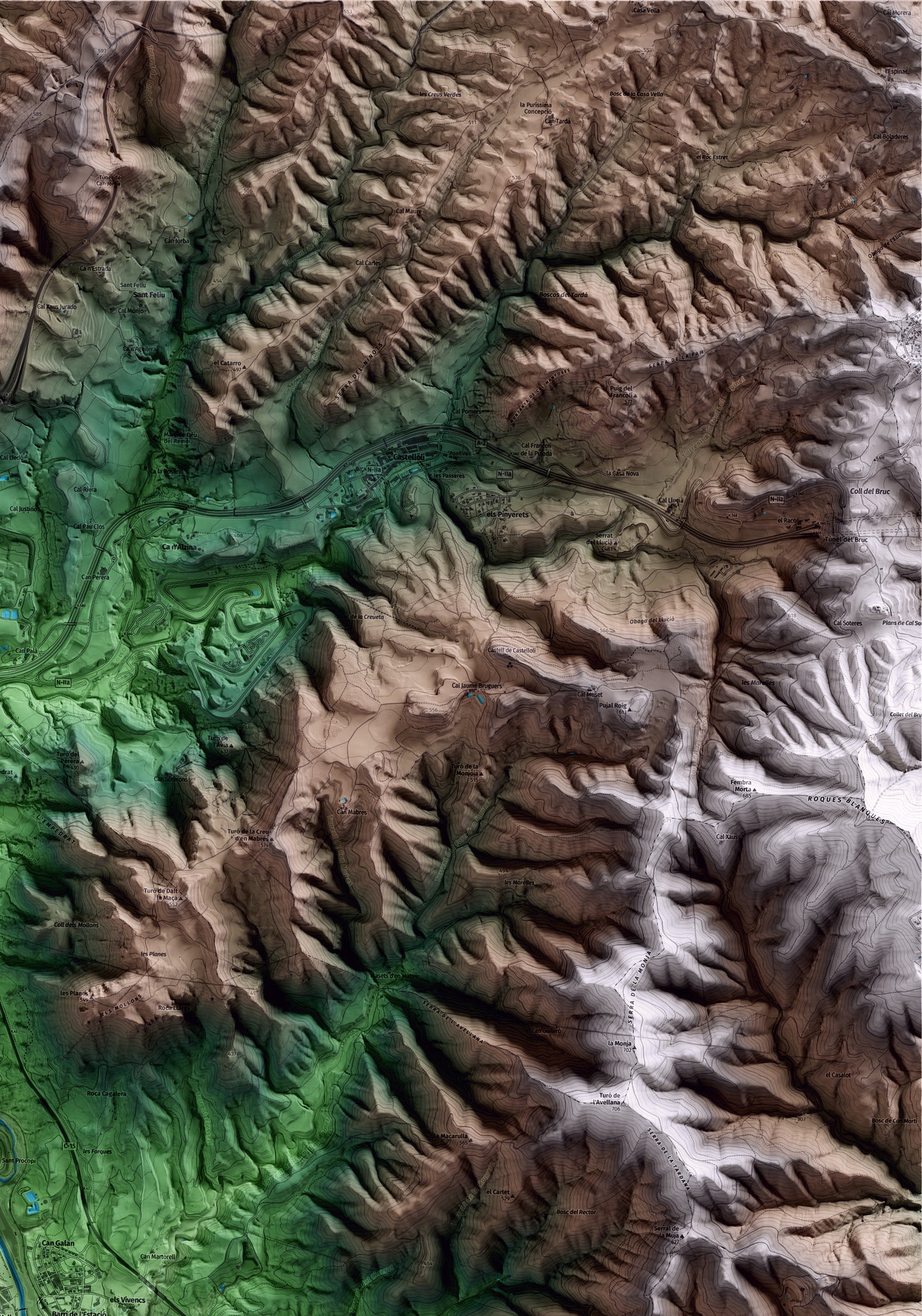 Mapa artístico del relieve de la Pobla de Claramunt, al Anoia, con 15 km de entorno y base topográfica ICGC. Detalle de la zona superior derecha.