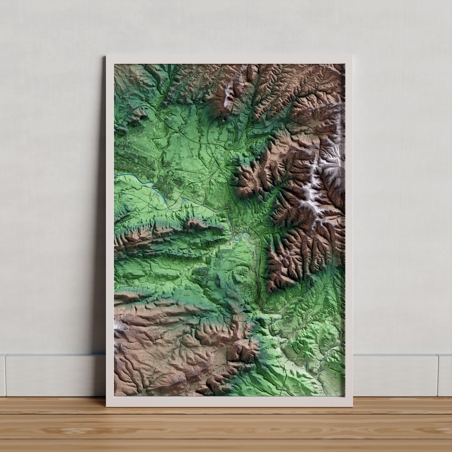 Mapa artístico del relieve de la Pobla de Claramunt, al Anoia, con 15 km de entorno y base topográfica ICGC. Presentación enmarcada.