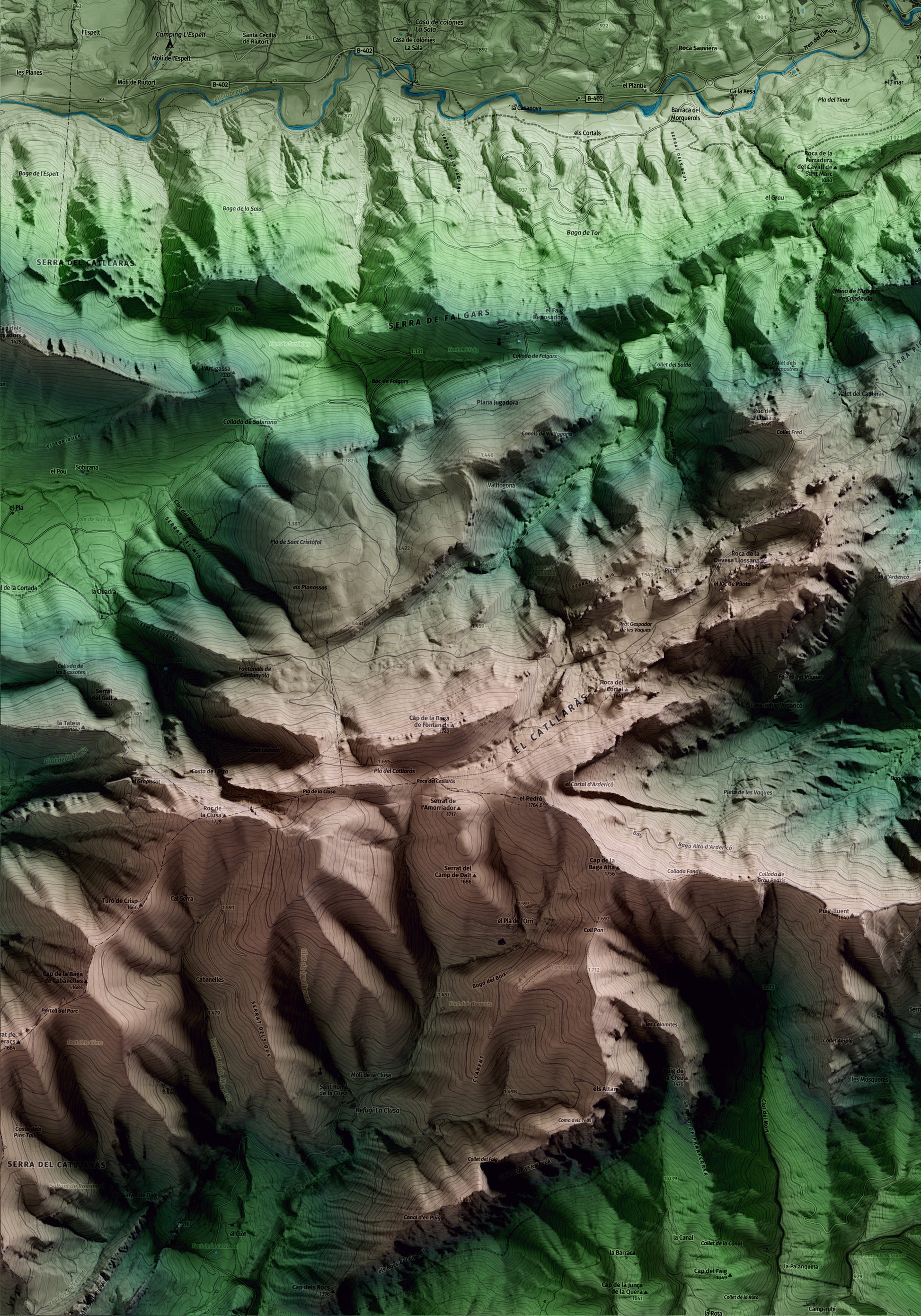 Mapa artístico del relieve de la Pobla de Lillet, al Berguedà, con 15 km de entorno y base topográfica ICGC. Detalle de la zona inferior izquierda.