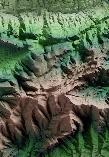 Mapa artístico del relieve de la Pobla de Lillet, al Berguedà, con 15 km de entorno y base topográfica ICGC. Detalle de la zona inferior izquierda.