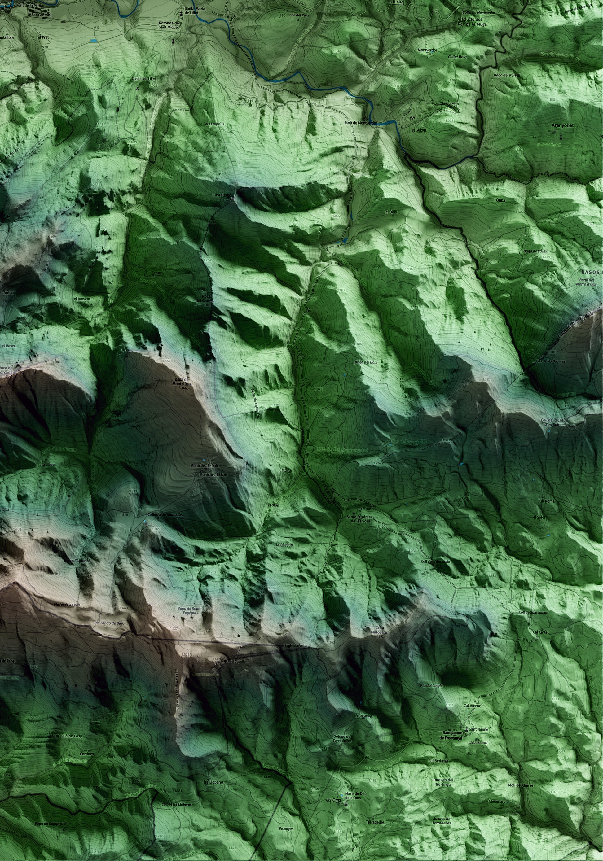 Mapa artístico del relieve de la Pobla de Lillet, al Berguedà, con 15 km de entorno y base topográfica ICGC. Detalle de la zona inferior derecha.
