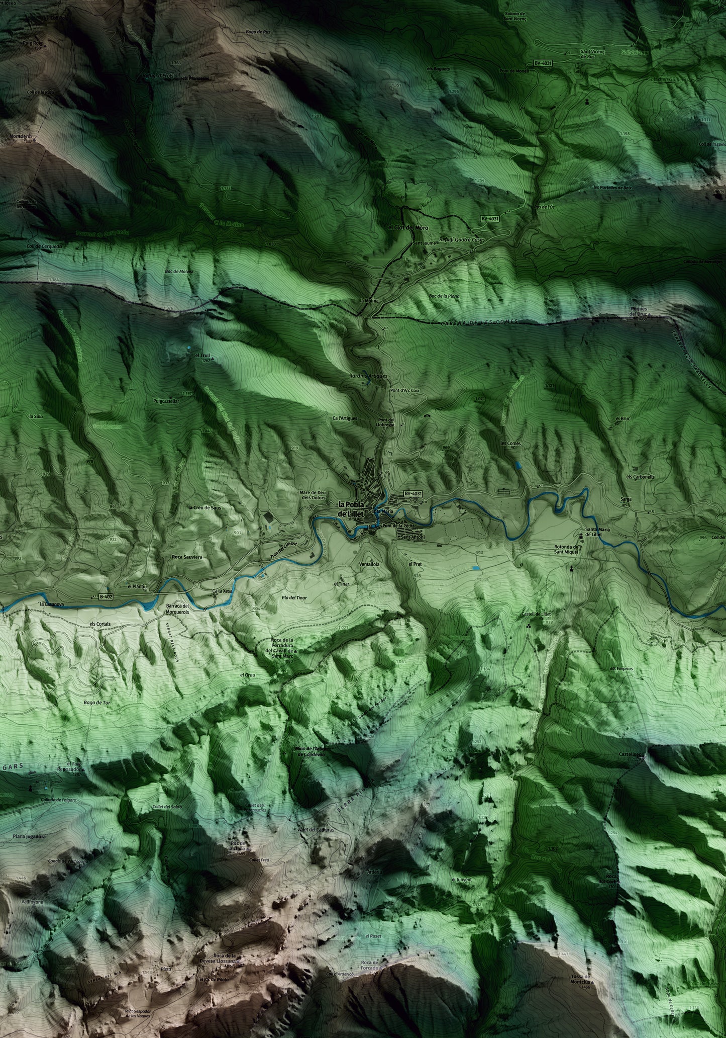 Mapa artístico del relieve de la Pobla de Lillet, al Berguedà, con 15 km de entorno y base topográfica ICGC. Detalle de la zona central.