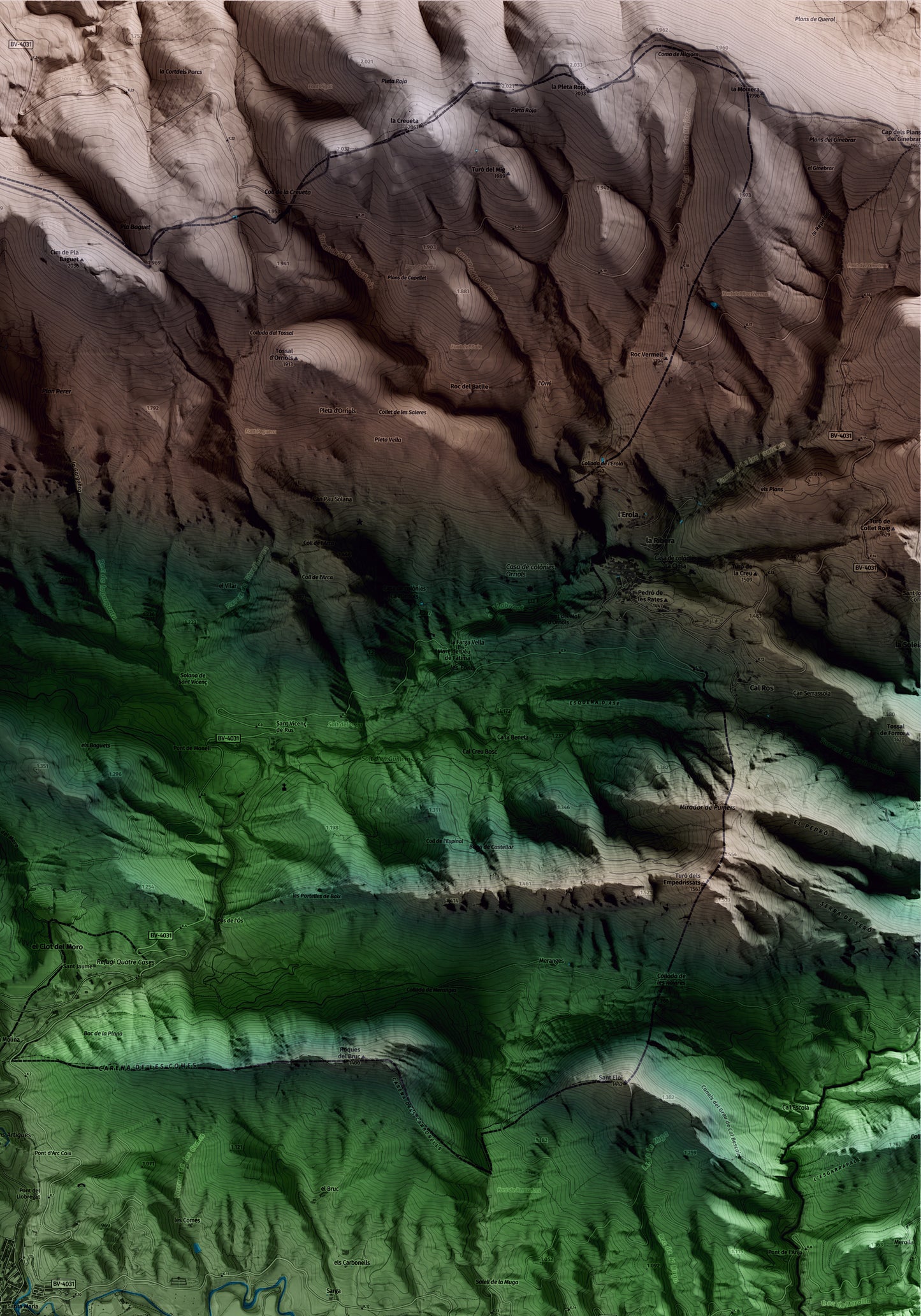 Mapa artístico del relieve de la Pobla de Lillet, al Berguedà, con 15 km de entorno y base topográfica ICGC. Detalle de la zona superior derecha.