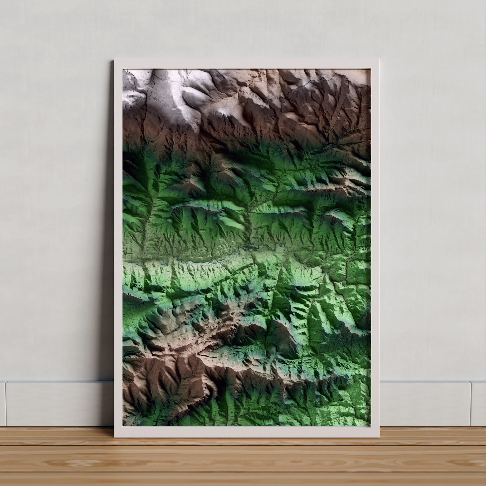 Mapa artístico del relieve de la Pobla de Lillet, al Berguedà, con 15 km de entorno y base topográfica ICGC. Presentación enmarcada.