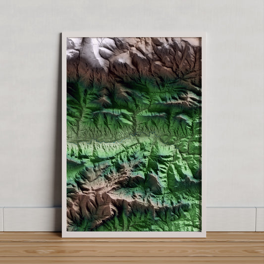 Mapa artístico del relieve de la Pobla de Lillet, al Berguedà, con 15 km de entorno y base topográfica ICGC. Presentación enmarcada.