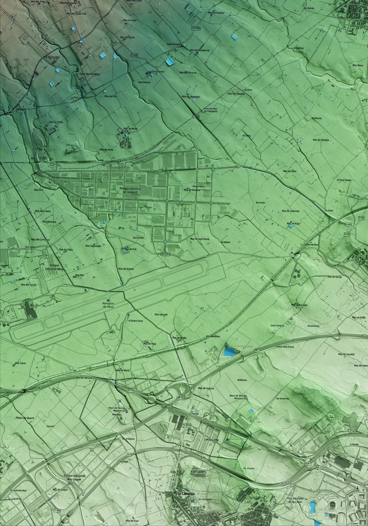 Mapa artístico del relieve de la Pobla de Mafumet, al Tarragonès, con 15 km de entorno y base topográfica ICGC. Detalle de la zona inferior izquierda.