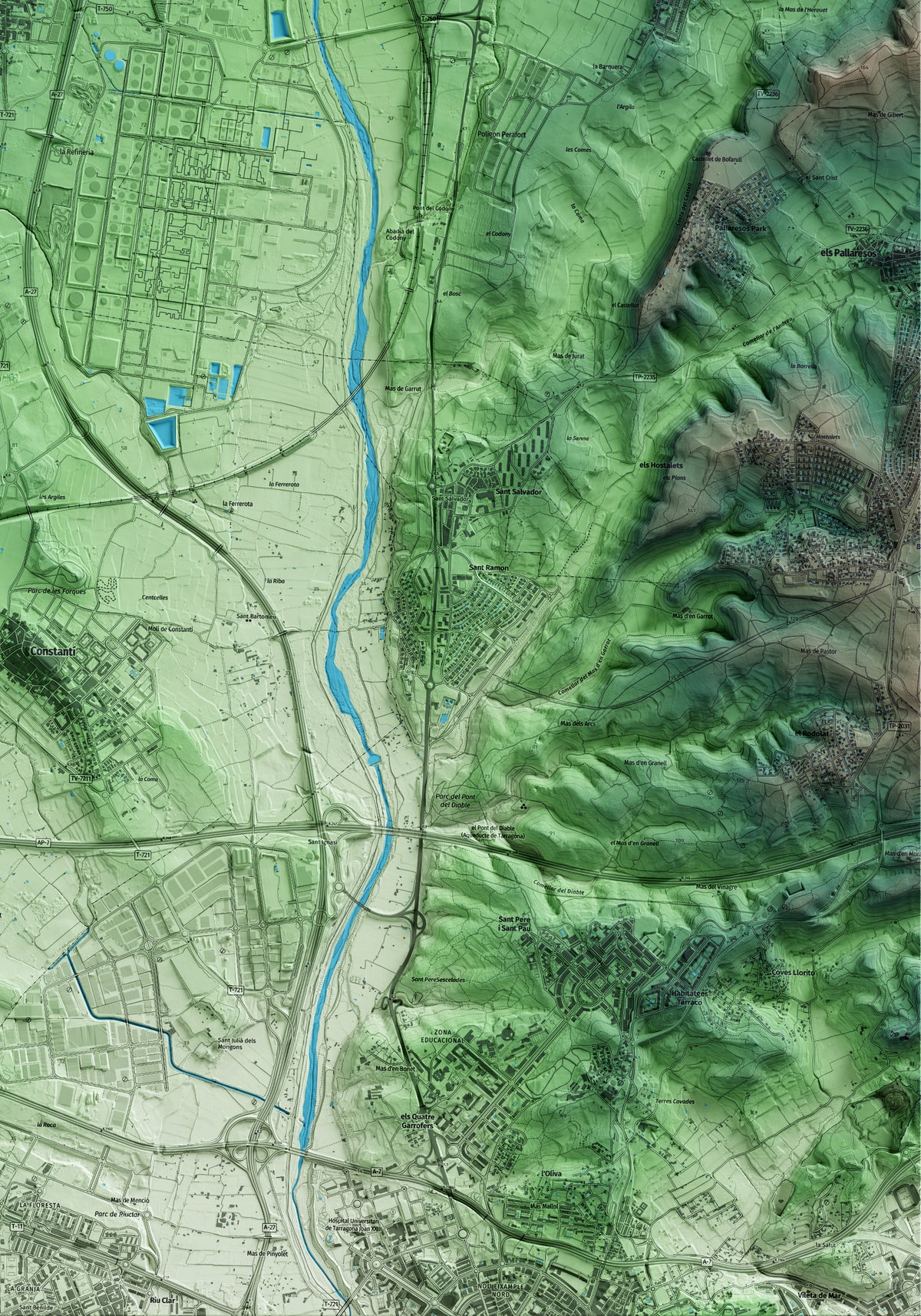 Mapa artístico del relieve de la Pobla de Mafumet, al Tarragonès, con 15 km de entorno y base topográfica ICGC. Detalle de la zona inferior derecha.