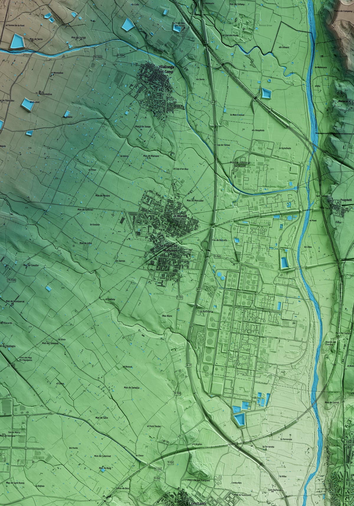 Mapa artístico del relieve de la Pobla de Mafumet, al Tarragonès, con 15 km de entorno y base topográfica ICGC. Detalle de la zona central.