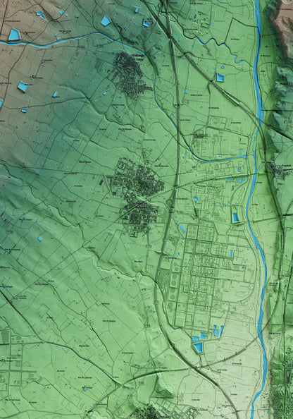 Mapa artístico del relieve de la Pobla de Mafumet, al Tarragonès, con 15 km de entorno y base topográfica ICGC. Detalle de la zona central.