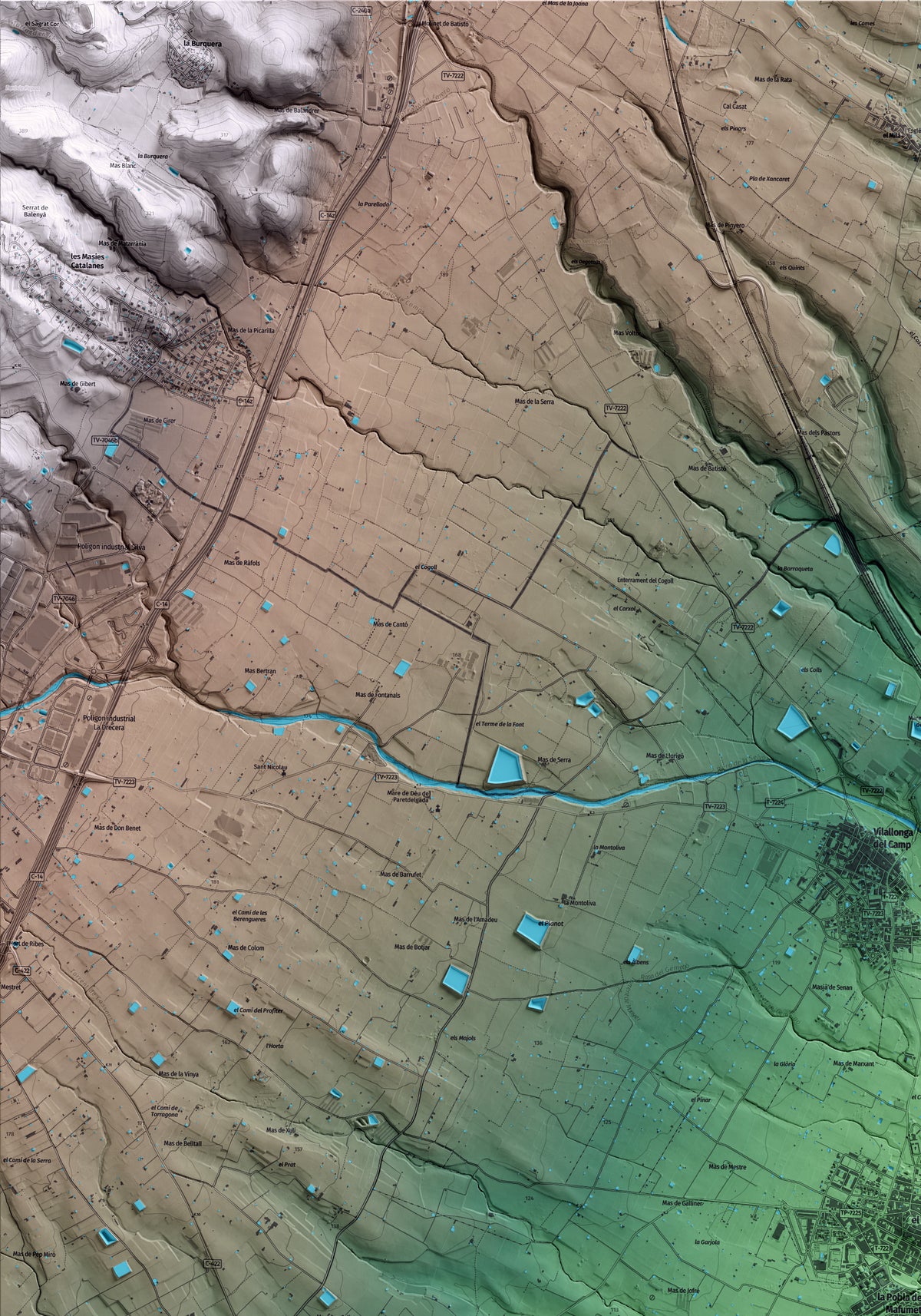 Mapa artístico del relieve de la Pobla de Mafumet, al Tarragonès, con 15 km de entorno y base topográfica ICGC. Detalle de la zona superior izquierda.