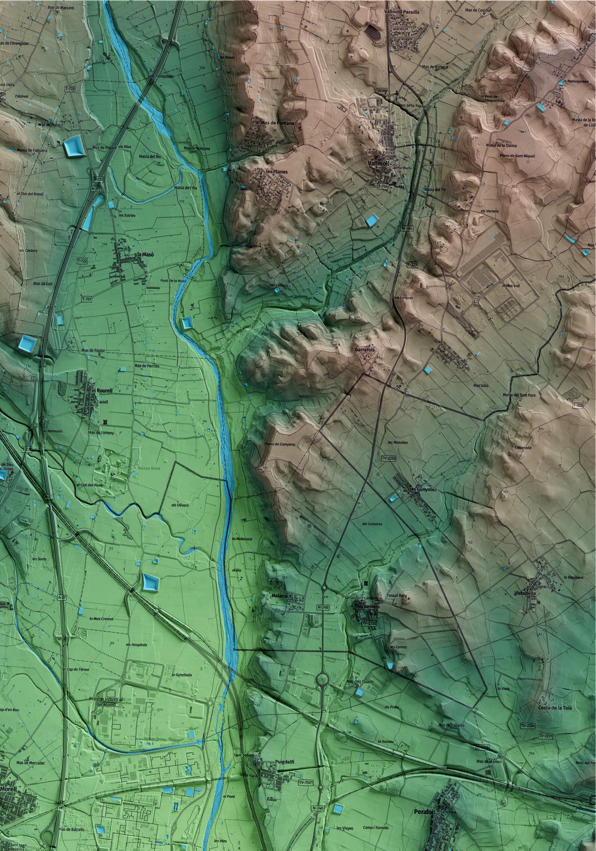 Mapa artístico del relieve de la Pobla de Mafumet, al Tarragonès, con 15 km de entorno y base topográfica ICGC. Detalle de la zona superior derecha.