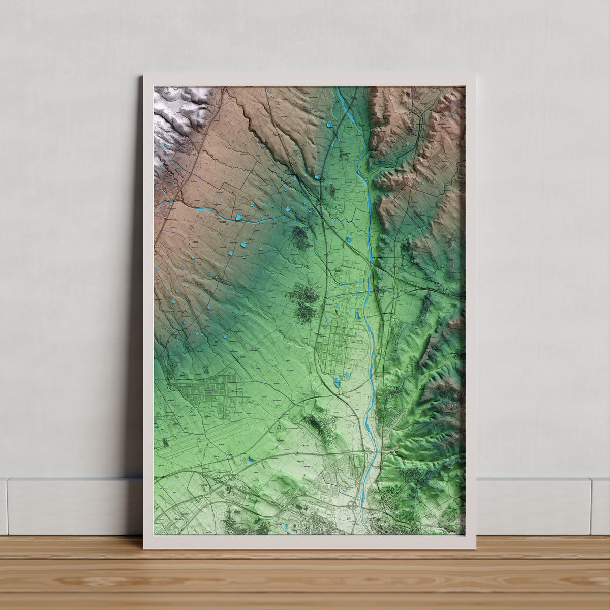 Mapa artístico del relieve de la Pobla de Mafumet, al Tarragonès, con 15 km de entorno y base topográfica ICGC. Presentación enmarcada.
