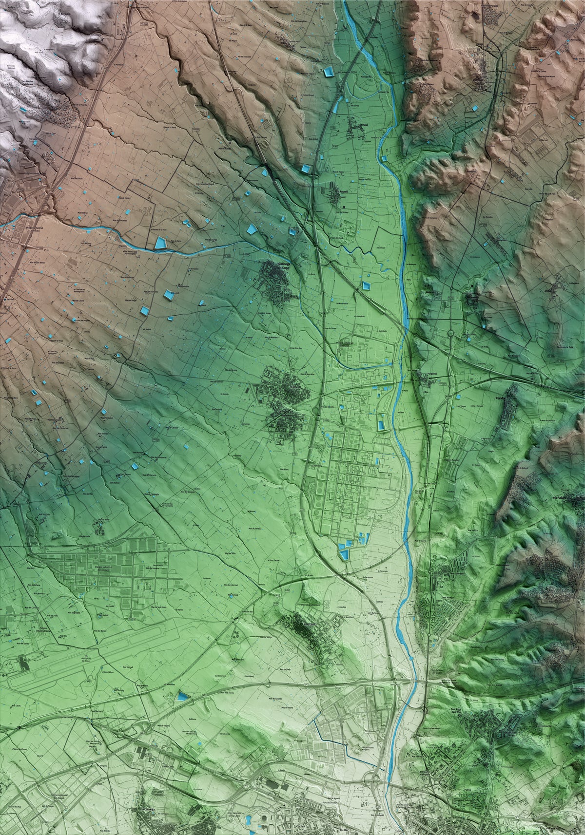 Mapa artístico del relieve de la Pobla de Mafumet, al Tarragonès, con 15 km de entorno y base topográfica ICGC