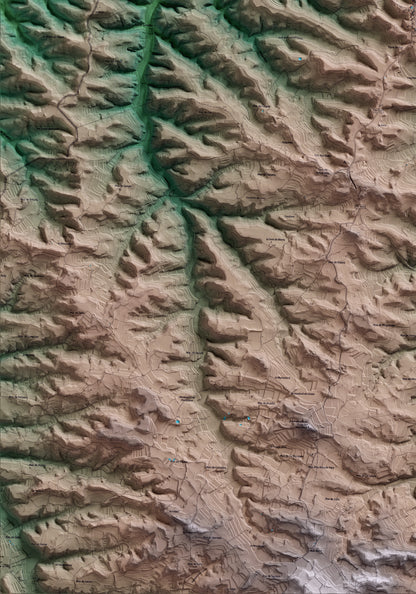 Mapa artístico del relieve de la Pobla de Massaluca, a la Terra Alta, con 15 km de entorno y base topográfica ICGC. Detalle de la zona inferior izquierda.