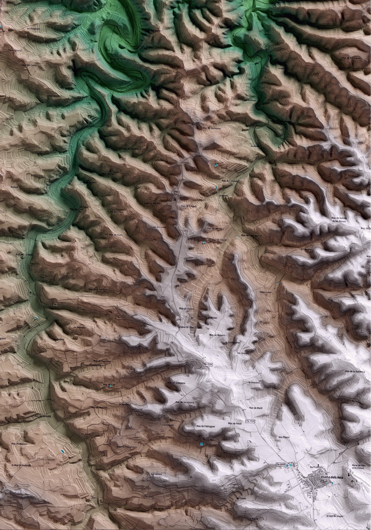 Mapa artístico del relieve de la Pobla de Massaluca, a la Terra Alta, con 15 km de entorno y base topográfica ICGC. Detalle de la zona inferior derecha.