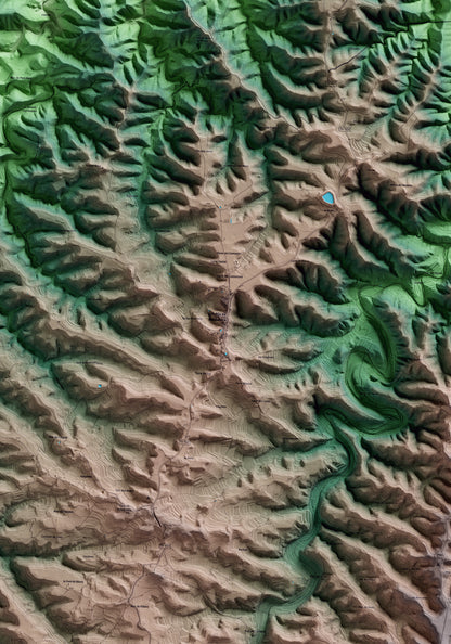 Mapa artístico del relieve de la Pobla de Massaluca, a la Terra Alta, con 15 km de entorno y base topográfica ICGC. Detalle de la zona central.