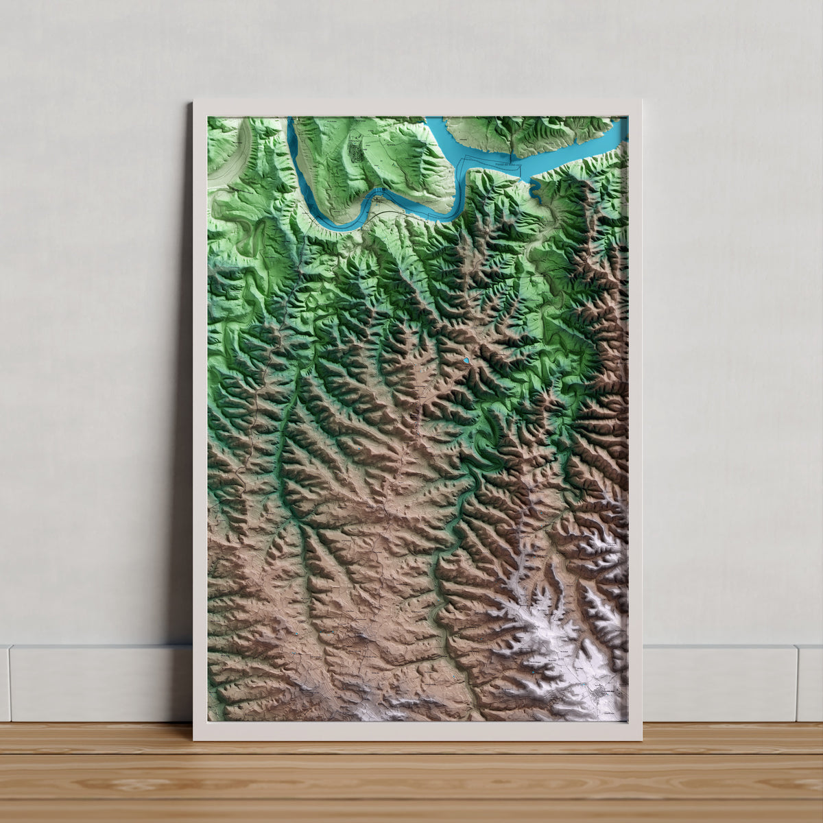 Mapa artístico del relieve de la Pobla de Massaluca, a la Terra Alta, con 15 km de entorno y base topográfica ICGC. Presentación enmarcada.
