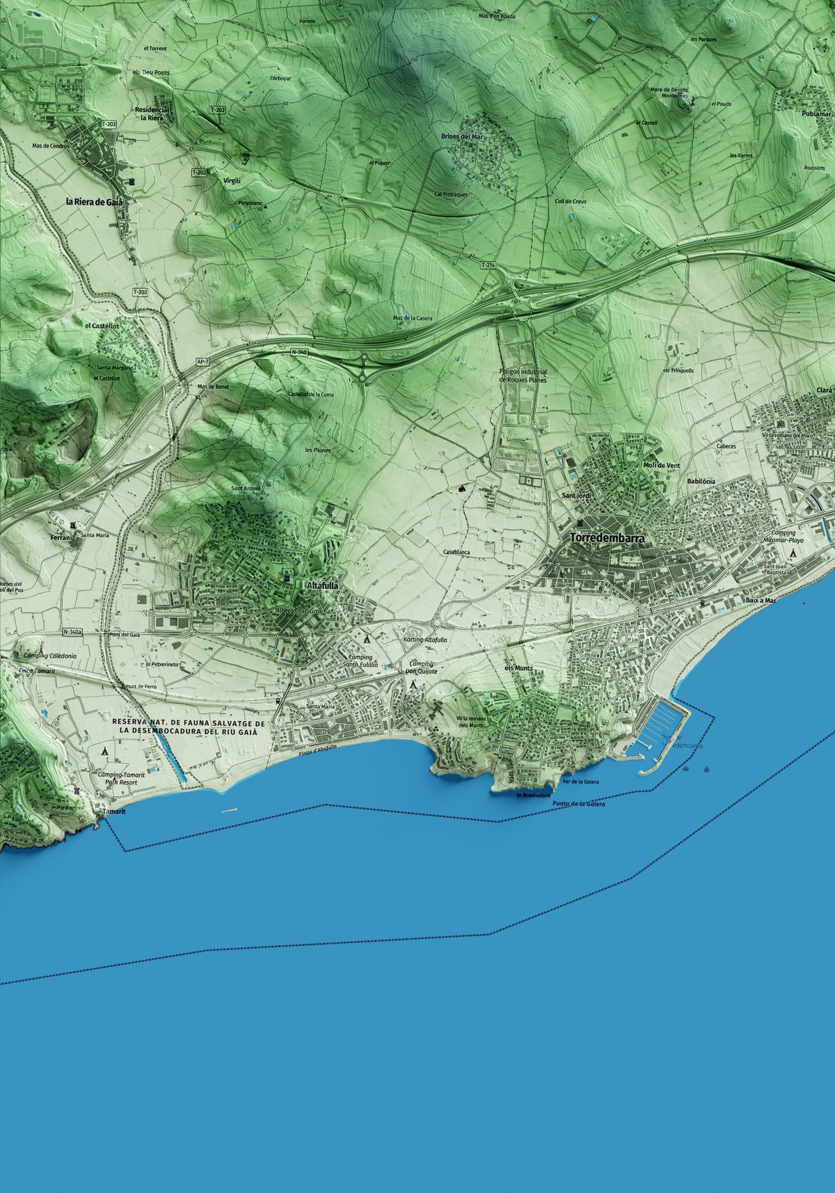 Mapa artístico del relieve de la Pobla de Montornès, al Tarragonès, con 15 km de entorno y base topográfica ICGC. Detalle de la zona inferior izquierda.