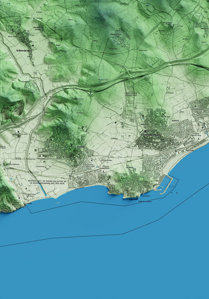 Mapa artístico del relieve de la Pobla de Montornès, al Tarragonès, con 15 km de entorno y base topográfica ICGC. Detalle de la zona inferior izquierda.