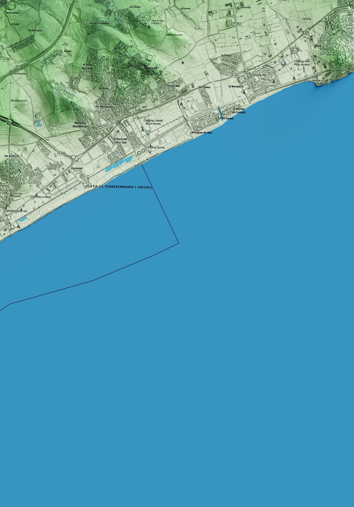 Mapa artístico del relieve de la Pobla de Montornès, al Tarragonès, con 15 km de entorno y base topográfica ICGC. Detalle de la zona inferior derecha.