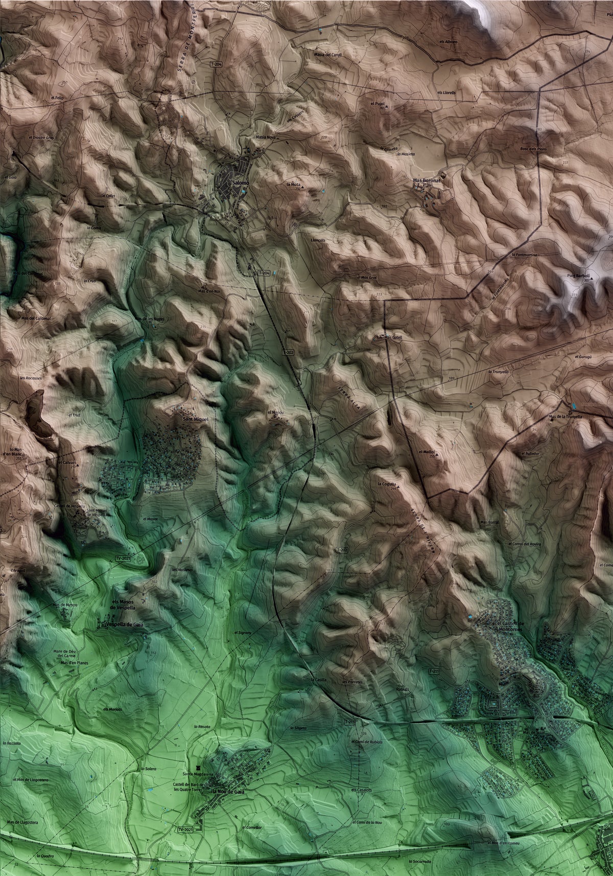 Mapa artístico del relieve de la Pobla de Montornès, al Tarragonès, con 15 km de entorno y base topográfica ICGC. Detalle de la zona superior izquierda.