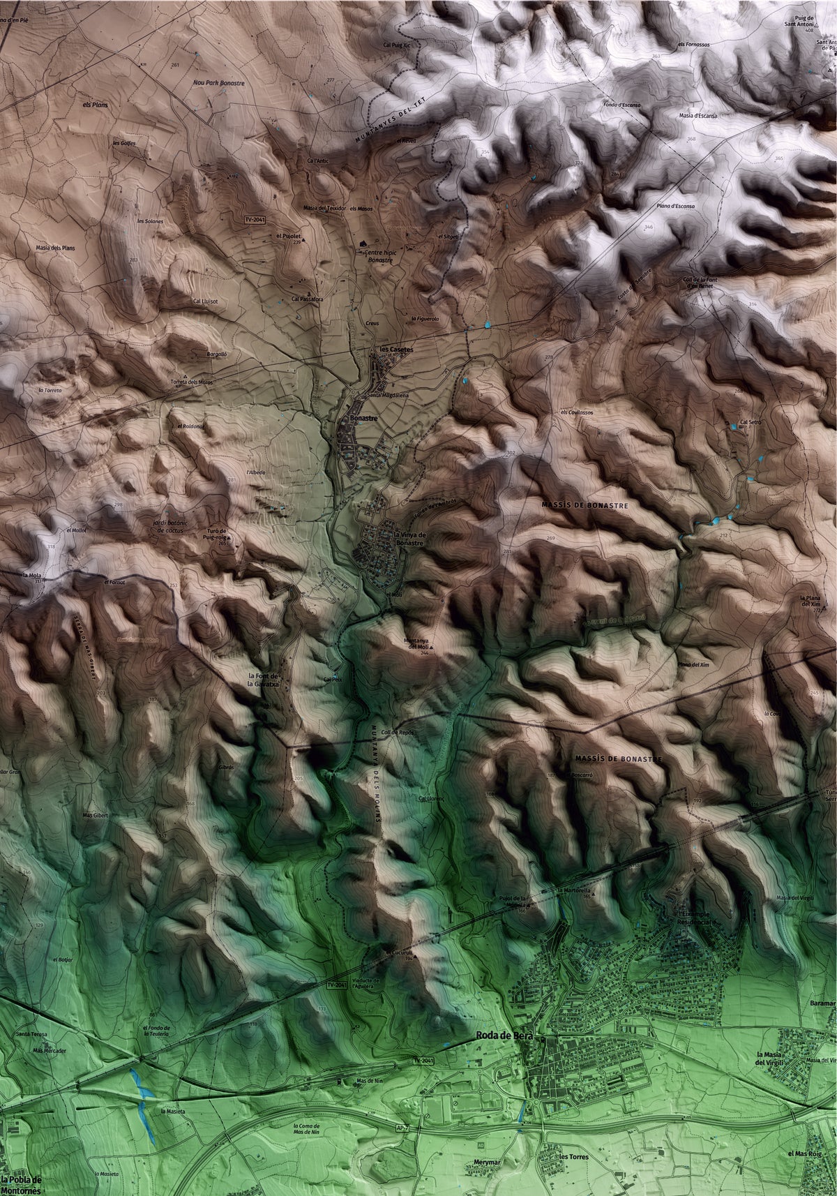 Mapa artístico del relieve de la Pobla de Montornès, al Tarragonès, con 15 km de entorno y base topográfica ICGC. Detalle de la zona superior derecha.